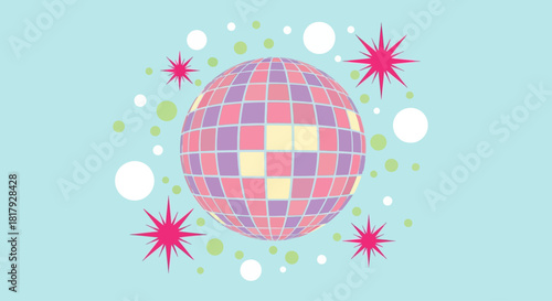 A whimsical blend of pastel colors on a retro disco ball, a sparkling vector graphic celebrating dance and festive energy