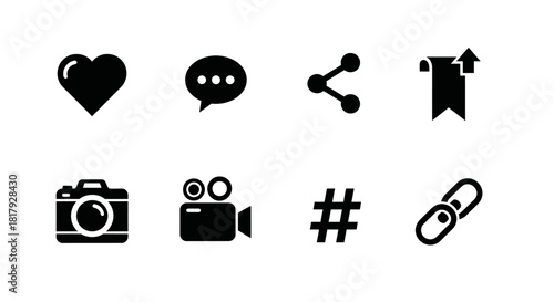 A fundamental set of solid black glyph icons representing social media engagement, content types, and user interactions for modern web and app interface design