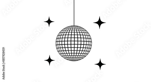 Monochrome illustration of a hanging disco mirror ball with sparkles. A stylish and simple black and white icon representing dance, music, and festive celebrations