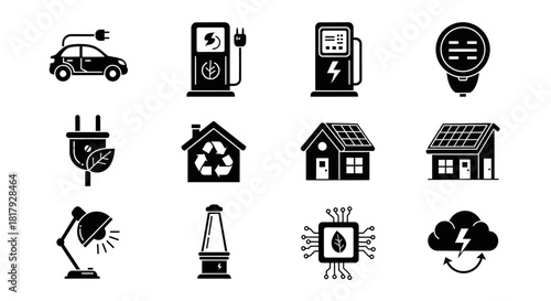A versatile set of solid glyph icons representing green energy concepts, including electric cars, solar power, and sustainable technology innovation