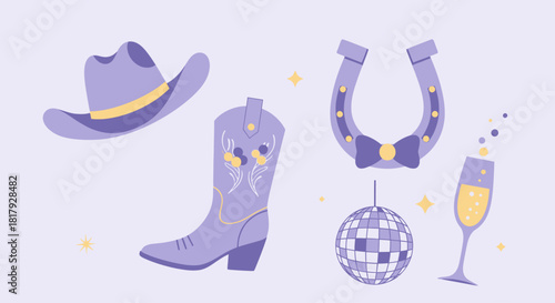 A whimsical collection of vector icons for a western-themed party featuring a cowboy hat, boot, lucky horseshoe, and sparkling drink