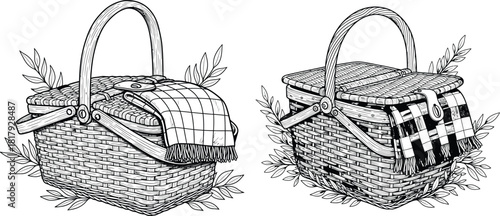 Pair of charming woven picnic baskets with plaid blankets and surrounding leafy branches for outdoor enjoyment