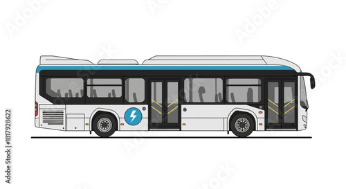 Side view vector illustration of a modern electric city bus. Eco-friendly public transport concept with clean energy symbol isolated on a white background