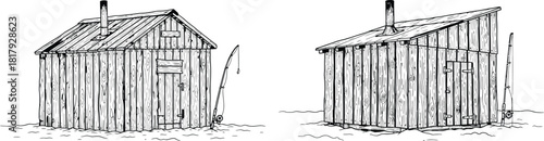 Rustic wooden fishing hut or shack with a chimney and leaning fishing rod, standing on water