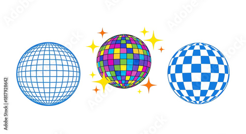 Vector set of stylized globes and a sparkling disco ball. Includes wireframe, checkered, and colorful mirror ball designs for party or tech themes