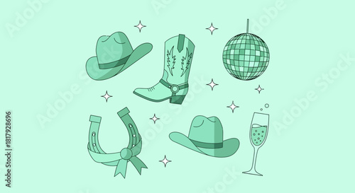 A modern vector illustration set blending Western and party themes, featuring cowboy hats, boots, a sparkling disco ball, and champagne