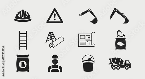Vector collection of monochrome construction icons. Set includes a builder, hard hat, excavator, cement mixer, and architectural blueprints for industry design