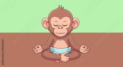 A cute cartoon baby monkey in a diaper meditates in a yoga lotus pose, symbolizing zen, calm, and mindfulness for spiritual wellness