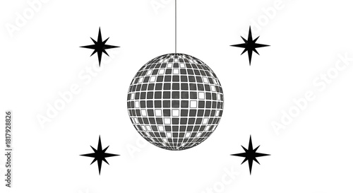 A simple yet elegant graphic of a retro disco ball with twinkling stars, an iconic symbol for music, dance parties, and festive celebrations