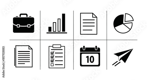 A collection of essential business management and office icons for data analysis, planning, and communication