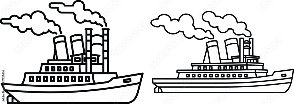 Fototapeta premium Two passenger steamboats with multiple smoking funnels travel across calm waters in a simple outline