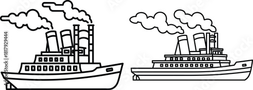 Two passenger steamboats with multiple smoking funnels travel across calm waters in a simple outline