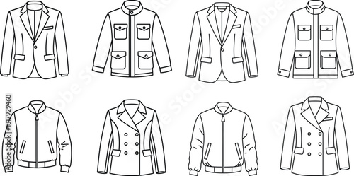 Various mens and womens outerwear jacket outlines for fashion design templates and apparel illustrations