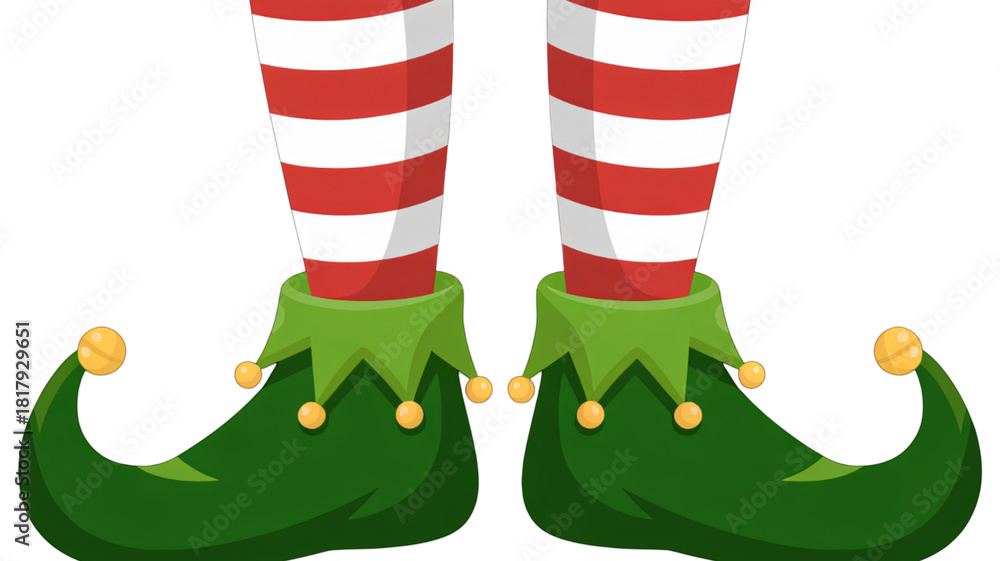 Fototapeta premium Festive elf legs and shoes with red and white stockings for holiday fun