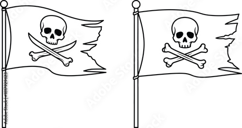 Waving tattered pirate flags displaying skull and crossbones or crossed swords, symbolizing rebellion and adventure