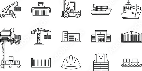 Line art icons depicting various elements of shipping logistics and construction