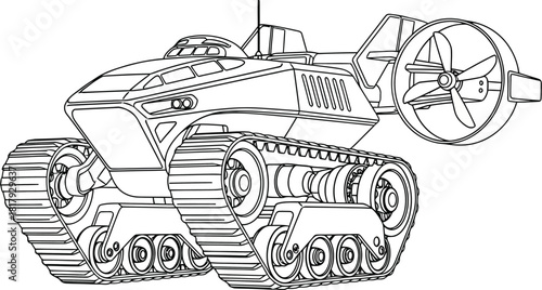 Detailed illustration of a futuristic tank vehicle with tracks and a propeller