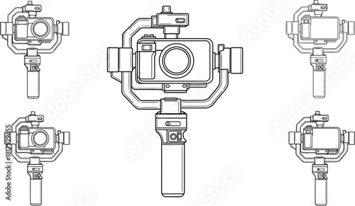 Detailed line art of camera stabilizers showcasing various perspectives and features