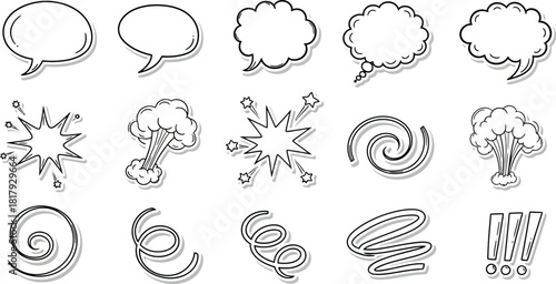 Collection of hand drawn speech bubbles thought balloons and various sketch elements