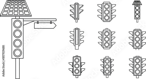 Line art illustration of traffic lights and a solar panel arrangement