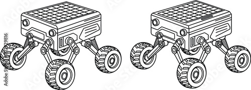 Line drawing of two futuristic six wheeled robotic vehicles with square bodies