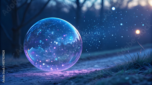 Magical glowing orb rests on a forest path at dusk