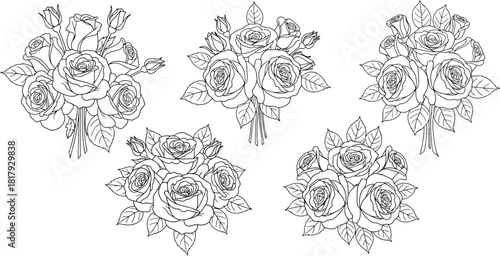 Delicate floral arrangements of roses in a black and white line art style