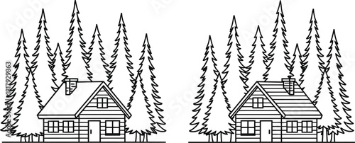 Charming cabin homes nestled among tall evergreen trees in black and white