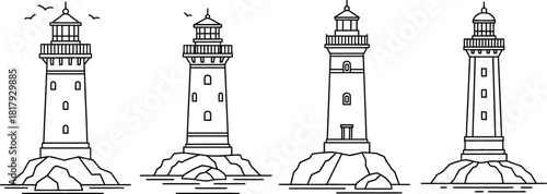 Four distinct lighthouse illustrations in black and white line art style