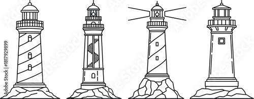 A collection of four detailed lighthouse sketches in a simple black and white style