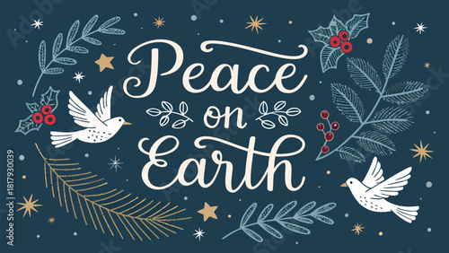 Elegant holiday art with doves and branches brings festive peace on earth, perfect for Christmas cards, winter decorations, and seasonal greetings