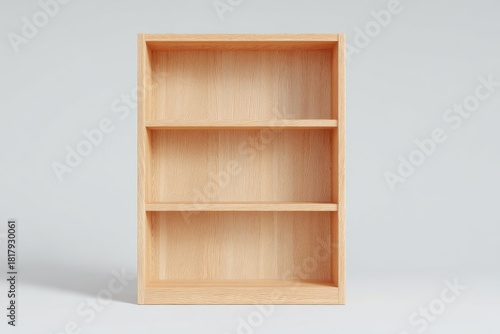 Empty wooden bookshelf with three shelves against a white background.