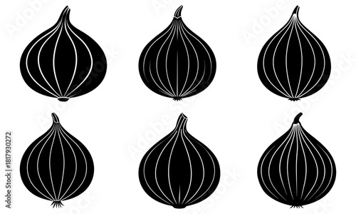 Elegant black and white onion silhouettes, a versatile design element for culinary projects and organic food marketing, originally created as scalable vector art