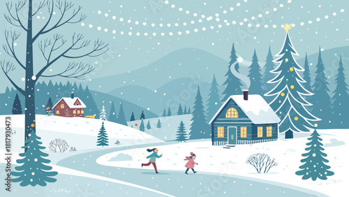 Joyful winter scene with children playing in snowy landscape near cozy cabins and decorated Christmas tree, perfect for holiday greetings and festive designs