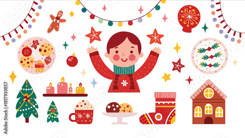 Celebrate a joyful holiday season with this charming Christmas collection featuring festive decorations, a cheerful boy, and cozy winter treats, delightful designs