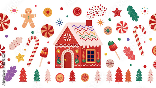 Delightful holiday gingerbread house and candy pattern for festive designs, creating a sweet and cheerful mood, perfect for Christmas projects and winter themes