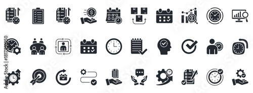 Time Management Icon Set. Contains Icons That Are Relevant For Business. Designed In Vector Glyph Style