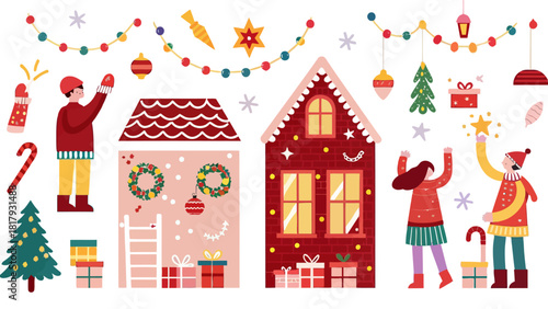 Festive holiday spirit with cozy winter scenes, happy people decorating for Christmas, cheerful seasonal celebrations, and joyful Yuletide gatherings