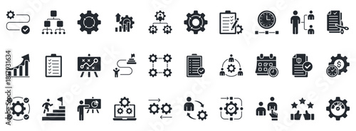 Workflow Icon Set. Contains Icons That Are Relevant For Business. Designed In Vector Glyph Style