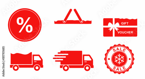 Exciting winter sale icons for your holiday promotions featuring discounts, gift vouchers, shopping, and fast delivery for your seasonal marketing campaigns