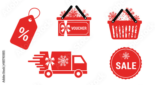 Holiday shopping spree featuring red sale tag, voucher, delivery truck, and shopping baskets filled with snowflakes for seasonal promotions and deals