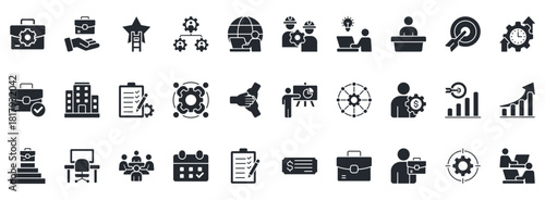 Work Icon Set. Contains Icons That Are Relevant For Business. Designed In Vector Glyph Style