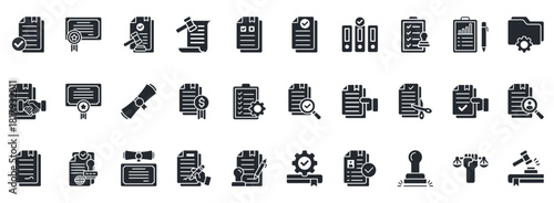 Legal Document Icon Set. Contains Icons That Are Relevant For Business. Designed In Vector Glyph Style