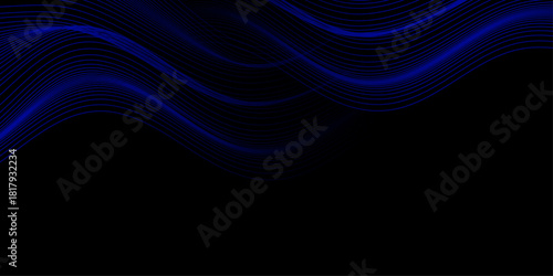 Abstract blue glowing wave formed by flowing digital particles on dark background evoking futuristic and dynamic motion Dark BLUE vector template with wry lines. Abstract illustration with bandy.