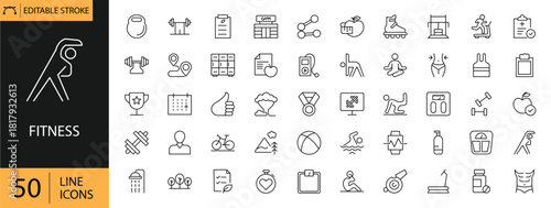 Fitness icons set. Includes symbols of exercise, gym equipment, running, yoga, healthy lifestyle, and workout activities. Editable stroke. Vector illustration. Outline icons. Perfect for health.