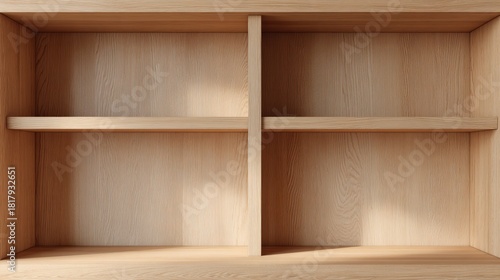Empty wooden shelf with two compartments, minimalist design.