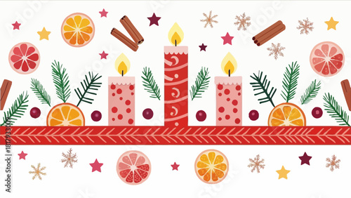 Festive Advent candles with citrus fruits and cinnamon sticks create a cozy Christmas atmosphere. A charming holiday design for greetings and decor