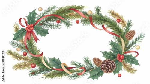 Elegant festive wreath with pine cones and holly berries, perfect for joyful Christmas greetings and invitations, adding a touch of holiday magic