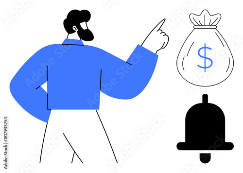 Man pointing at a money bag and bell to represent financial notice, earning potential, investment, goal tracking, savings, success, or cash flow. Ideal for fintech, reminders alerts communication