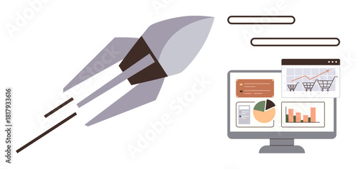 Rocket launching alongside computer screen displaying charts and graphs showcasing analytics, sales, and growth metrics. Ideal for innovation, startup, marketing, eCommerce, performance, progress